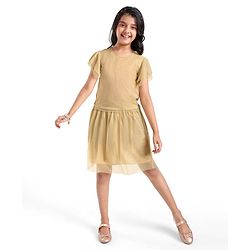 Pine Kids  Frill  Sleeves Shimmered Top & Skirt Set Solid Colour - Golden