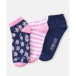 Pine Kids Knit Ankle Length Silvadur Antimicrobial Striped & Floral Design Socks Pack Of 3  ( Color May Vary )