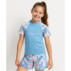 Pine Active Half Sleeves Two Piece Swimsuit with Abstract Print -  Blue
