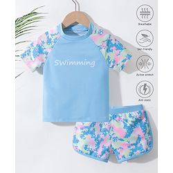 Pine Active Half Sleeves Two Piece Swimsuit with Abstract Print -  Blue