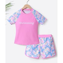 Pine Active Half Sleeves Two Piece Swimsuit with Abstract Print -  Blue