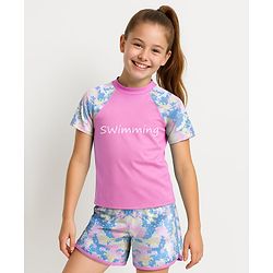 Pine Active Half Sleeves Two Piece Swimsuit with Abstract Print -  Blue