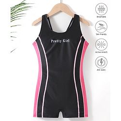 Pine Active Sleeveless Legged Swimsuit Text Print - Black