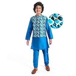 Pine Kids Woven Full Sleeves Solid Kurta Pyjama Set with Printed Jacket - Teal Blue