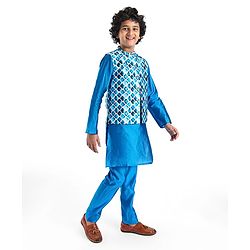 Pine Kids Woven Full Sleeves Solid Kurta Pyjama Set with Printed Jacket - Teal Blue