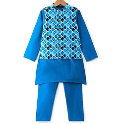 Pine Kids Woven Full Sleeves Solid Kurta Pyjama Set with Printed Jacket - Teal Blue