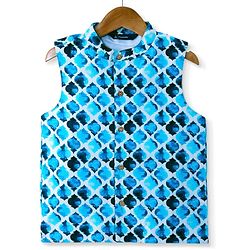 Pine Kids Woven Full Sleeves Solid Kurta Pyjama Set with Printed Jacket - Teal Blue