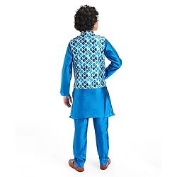 Pine Kids Woven Full Sleeves Solid Kurta Pyjama Set with Printed Jacket - Teal Blue