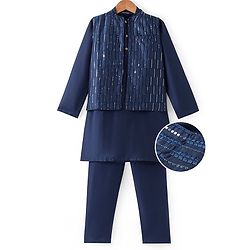 Pine Kids Woven Full Sleeves Kurta Pyjama Set with Sequined Detailed Modi Jacket - Navy Blue