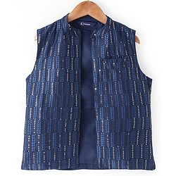 Pine Kids Woven Full Sleeves Kurta Pyjama Set with Sequined Detailed Modi Jacket - Navy Blue