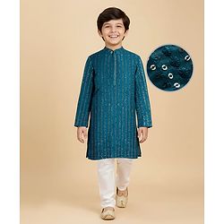 Pine Kids Woven Full Sleeves Sequinned Kurta Pyjama Set - Teal Blue