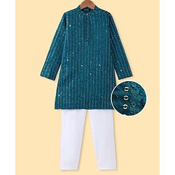 Pine Kids Woven Full Sleeves Sequinned Kurta Pyjama Set - Teal Blue