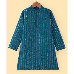 Pine Kids Woven Full Sleeves Sequinned Kurta Pyjama Set - Teal Blue