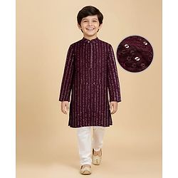 Pine Kids Woven Full Sleeves Sequinned Kurta Pyjama Set - Wine