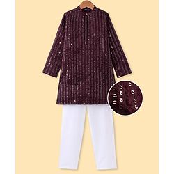Pine Kids Woven Full Sleeves Sequinned Kurta Pyjama Set - Wine