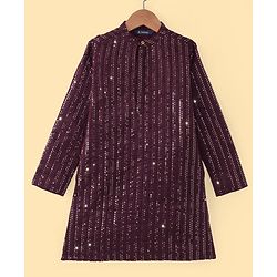 Pine Kids Woven Full Sleeves Sequinned Kurta Pyjama Set - Wine