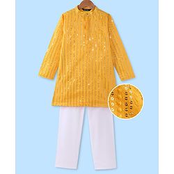 Pine Kids Woven Full Sleeves Sequinned Kurta Pyjama Set - Mustard