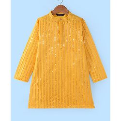 Pine Kids Woven Full Sleeves Sequinned Kurta Pyjama Set - Mustard