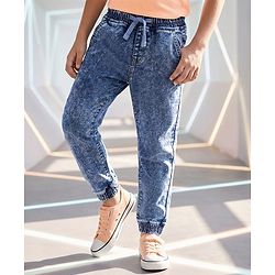 Pine Kids Cotton Rich Stretchable Full Length denim Joggers with Cloud Wash - Ice Blue