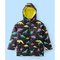 Pine Kids Full Sleeves Front Open Hoodie with Dino Print & Pockets - Black