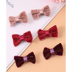 Pine Kids Free Size Glittery Bow & Butterfly Clips Pack of 6 - Red Beige & Purple