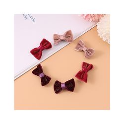 Pine Kids Free Size Glittery Bow & Butterfly Clips Pack of 6 - Red Beige & Purple