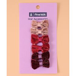 Pine Kids Free Size Glittery Bow & Butterfly Clips Pack of 6 - Red Beige & Purple