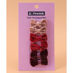 Pine Kids Free Size Glittery Bow & Butterfly Clips Pack of 6 - Red Beige & Purple