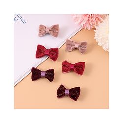 Pine Kids Free Size Glittery Bow & Butterfly Clips Pack of 6 - Red Beige & Purple