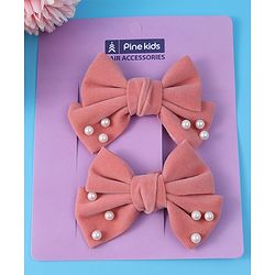 Pine Kids Free Size Hair Clips With Pearl Embellished Bow Applique Pack of 2 - Peach