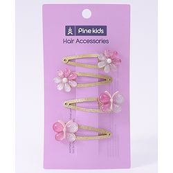 Pine Kids Snap Clips Purple with Floral & Butterfly Applique Free Size Pack of 4 - Purple
