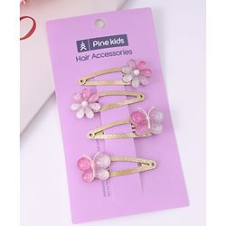 Pine Kids Snap Clips Purple with Floral & Butterfly Applique Free Size Pack of 4 - Purple
