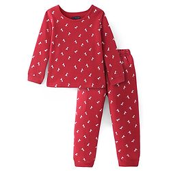 Pine Kids Knit Full Sleeves Horse Printed Thermal Vest  & Pant Set - Red