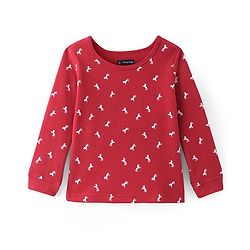 Pine Kids Knit Full Sleeves Horse Printed Thermal Vest  & Pant Set - Red