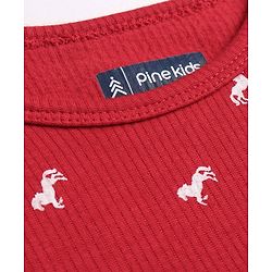 Pine Kids Knit Full Sleeves Horse Printed Thermal Vest  & Pant Set - Red