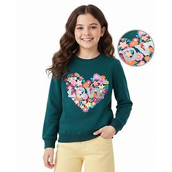 Pine Kids Cotton Knit Full Sleeves Sweatshirt With Floral Heart & Glitter Text Print - Teal