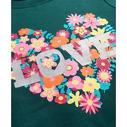 Pine Kids Cotton Knit Full Sleeves Sweatshirt With Floral Heart & Glitter Text Print - Teal