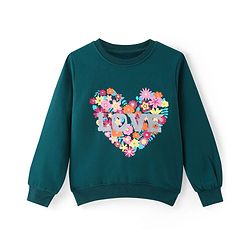 Pine Kids Cotton Knit Full Sleeves Sweatshirt With Floral Heart & Glitter Text Print - Teal