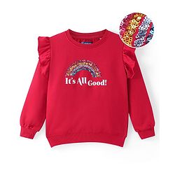 Pine Kids Cotton Knit Full Sleeves Sweatshirt With Sequined Rainbow Embroidery - Red
