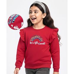Pine Kids Cotton Knit Full Sleeves Sweatshirt With Sequined Rainbow Embroidery - Red