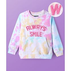 Pine Kids Cotton Knit Full Sleeves Sweatshirt with Text Embroidery & Kangaroo Pockets - White