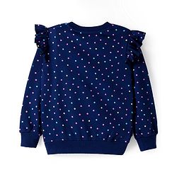 Pine Kids Cotton Knit Full Sleeves Sweatshirt Polka Dots & Glitter Text Print with Frill Detailing - Navy Blue