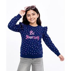 Pine Kids Cotton Knit Full Sleeves Sweatshirt Polka Dots & Glitter Text Print with Frill Detailing - Navy Blue