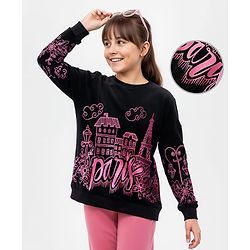Pine Kids Velour Knit Full Sleeves Sweatshirt With Paris Theme Print - Black