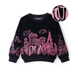 Pine Kids Velour Knit Full Sleeves Sweatshirt With Paris Theme Print - Black