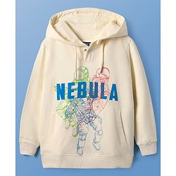 Pine Kids Cotton Knit Full Sleeves Hooded Sweatshirt with Space Theme Print - Cream