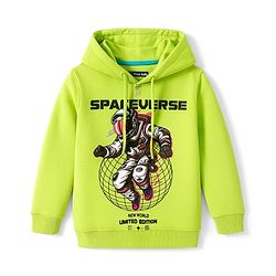 Pine Kids Cotton Knit Full Sleeves Hooded Sweatshirt with Space Theme Print - Lime Green