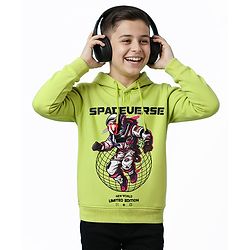 Pine Kids Cotton Knit Full Sleeves Hooded Sweatshirt with Space Theme Print - Lime Green