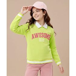 Pine Kids Cotton Knit Full Sleeves Polo Neck Sweatshirt with Text Print - Lime Green