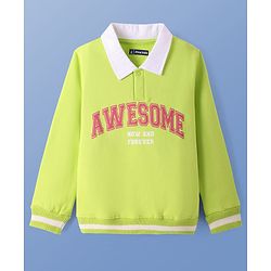 Pine Kids Cotton Knit Full Sleeves Polo Neck Sweatshirt with Text Print - Lime Green